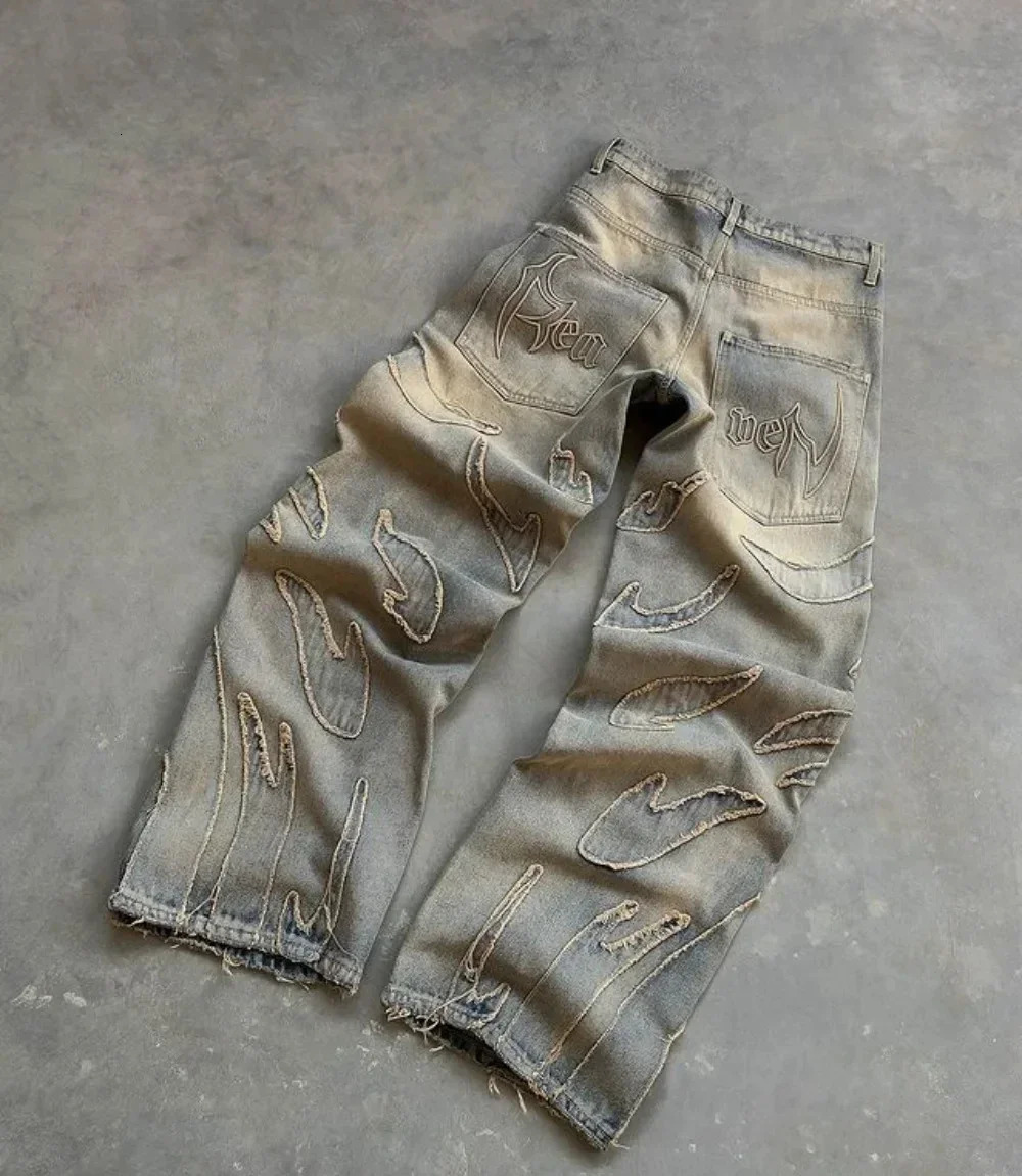 Y2K Harajuku Retro Graphic Patch Jeans Hip Hop Gothic Raw Edge Embroidery Black Baggy Wide Leg Denim Pants Mens Womens 260509
