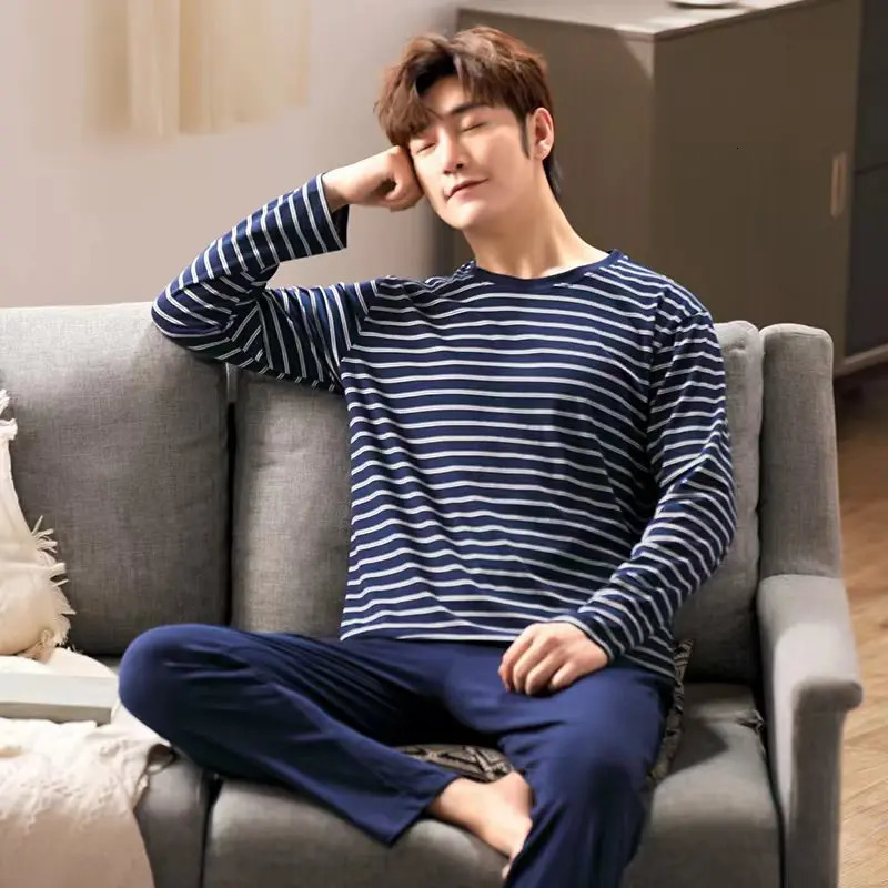 2Piece Spring And Fall Mens Pajamas Set Boys Soft LongSleeved Sleep Rest Home Party Casual Homewear 260509