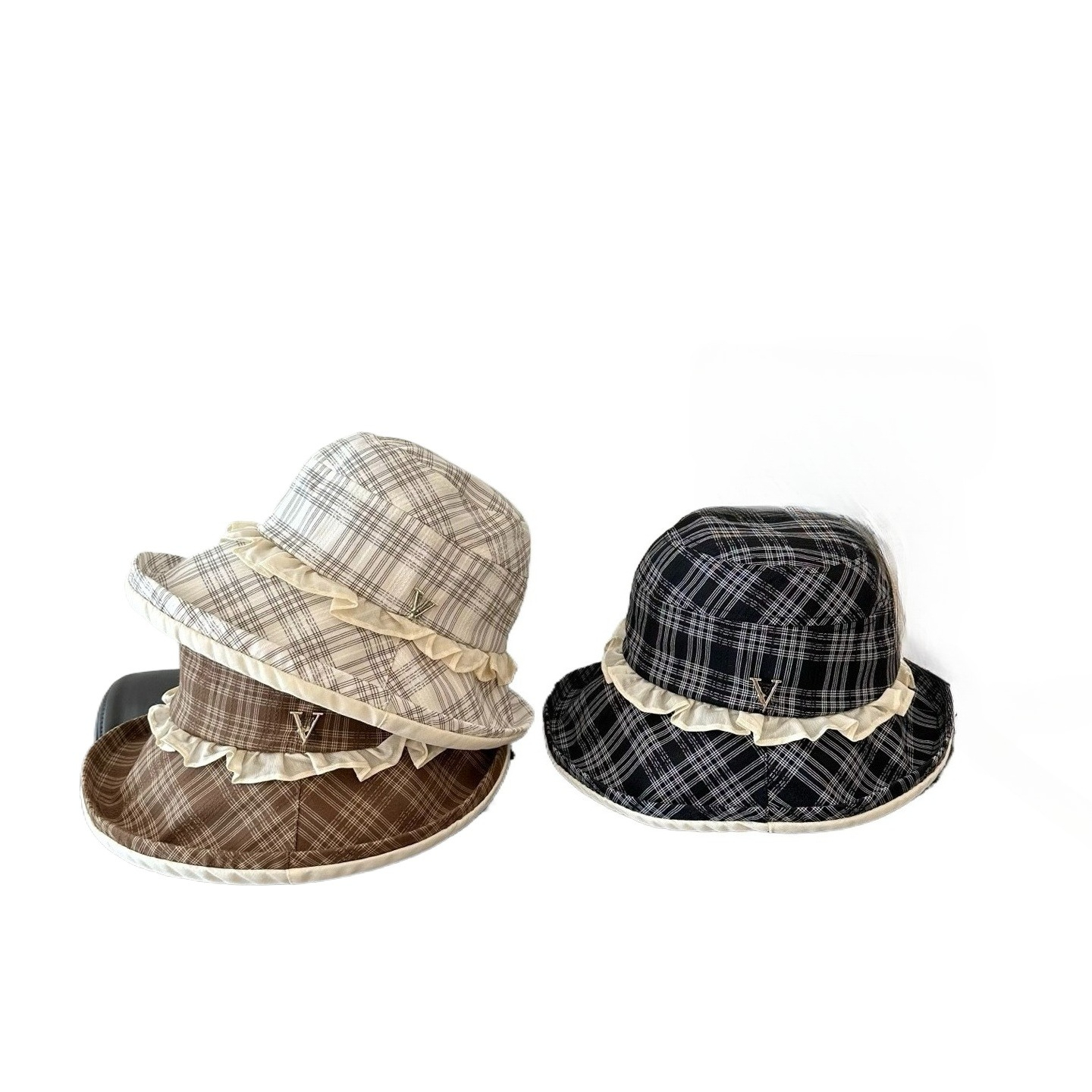 Women Plaid Ruffle Trim Bucket Hat Summer UV Protection Wide Brim Breathable Sunscreen Sun Hat Casual Preppy Style Beach Fisherman Cap