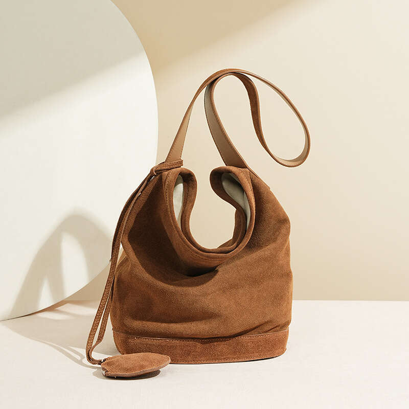 Lazy Style Autumn Winter Commuter Genuine Leather Shoulder Bag Luxury Texture Large Capacity Women Niche Suede Bucket Crossbody Bag