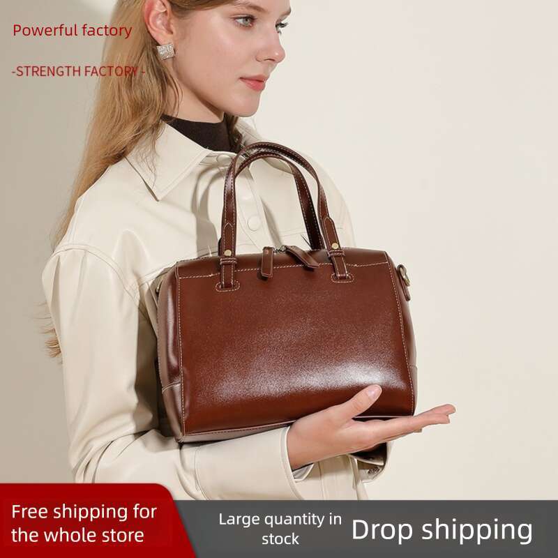 Korean Style Large Capacity Niche Versatile Handbag For Women Top Layer Vegetable Tanned Leather High End Bowling Boston Bag SENYY