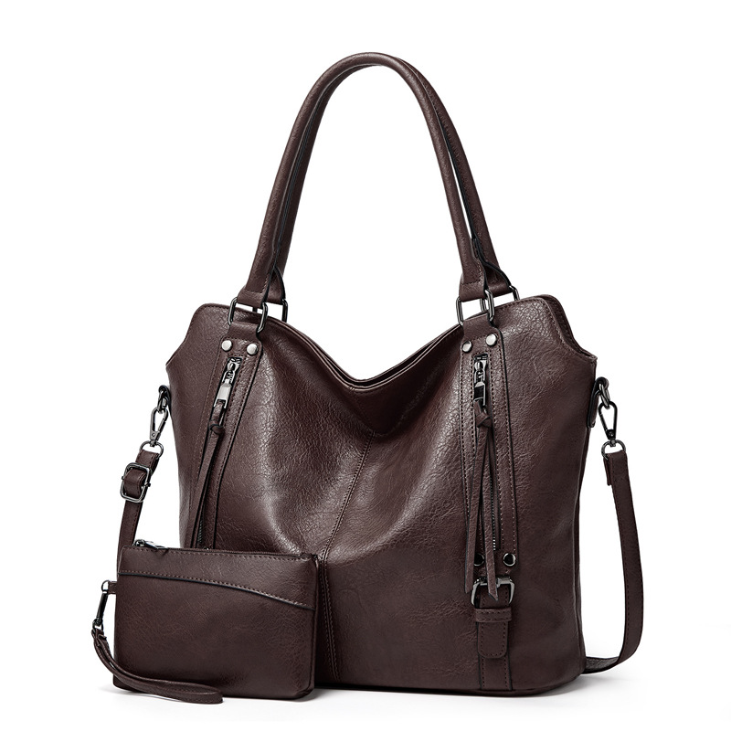 2026 New Womens Black Soft Leather Tote Bag Set Large Capacity Handbag with Detachable Strap and Coin Purse, Wholesale free shipping