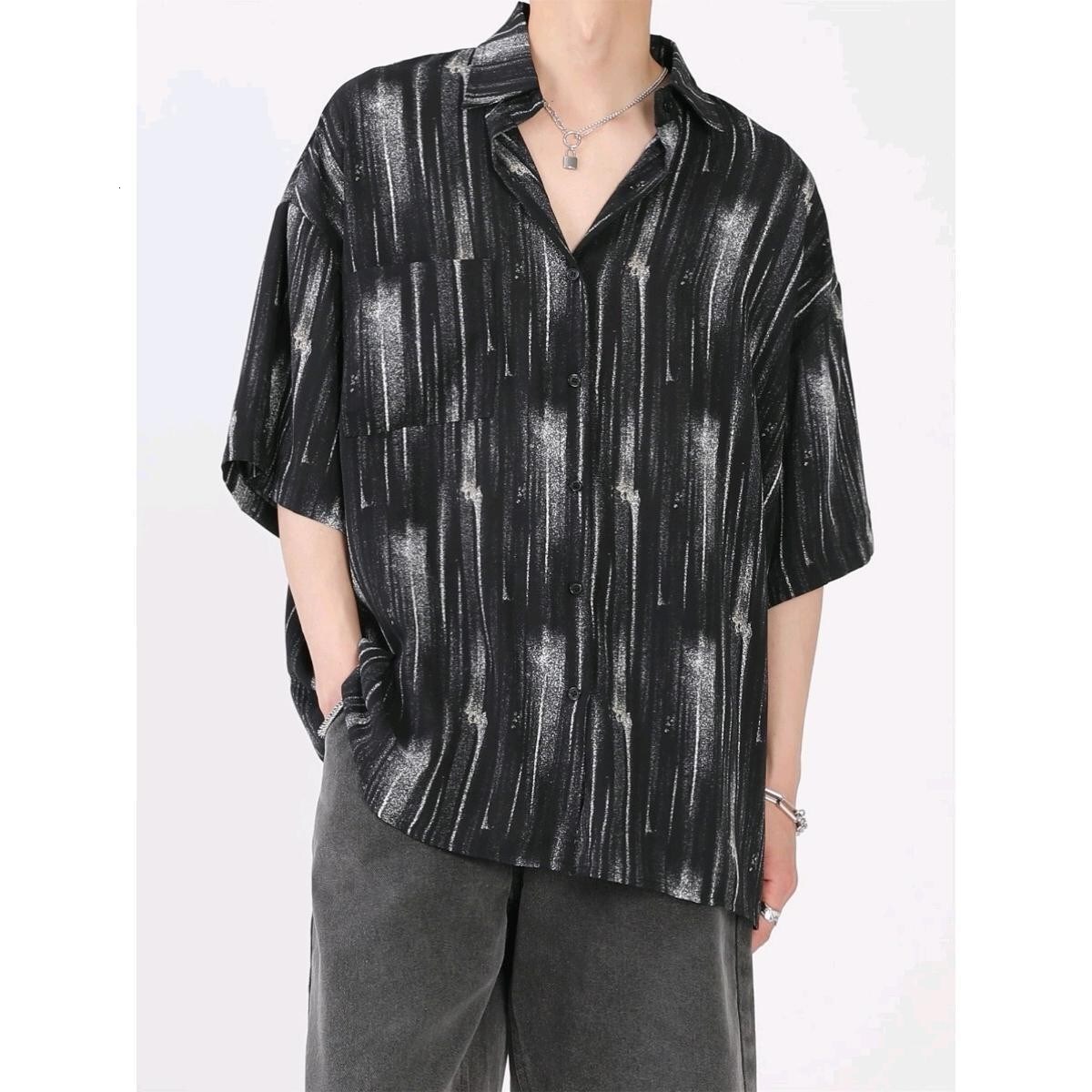Bestseller Yohji Yamamoto Style Niche Design Striped For Men, Casual Beach Style, Lightweight Short-Sleeved Oversized Shirt T-Shirt Ddmysat