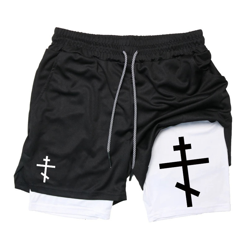 Printed 2-in-1 men's running sports Christian Gym performance shorts with phone pocket daily outfit