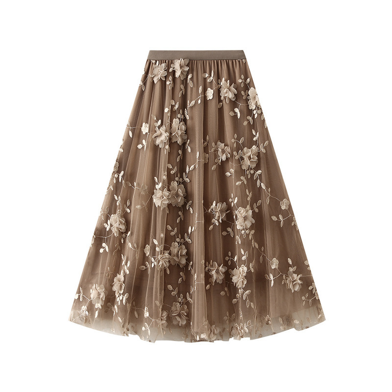 Designer Luxury Mesh Embroidery Heavy Craft Half Skirt Plus Size Gauze Luxury Designer Skirt Spring New Fashion Dress A Line Artistic High Waist Long 