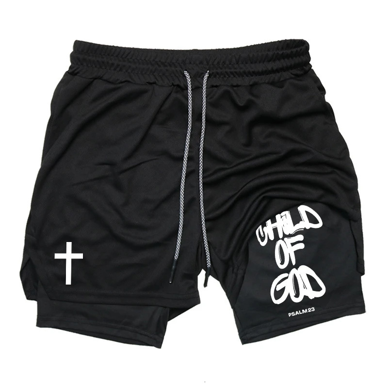Printed 2-in-1 men's running sports Christian Gym performance shorts with phone pocket daily outfit