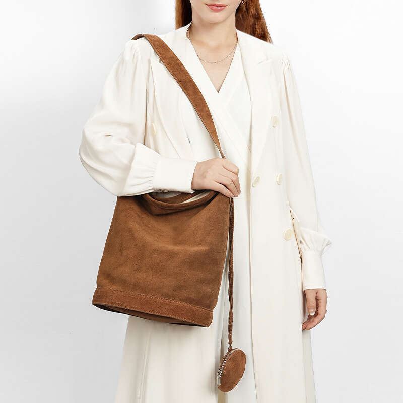 Lazy Style Autumn Winter Commuter Genuine Leather Shoulder Bag Luxury Texture Large Capacity Women Niche Suede Bucket Crossbody Bag