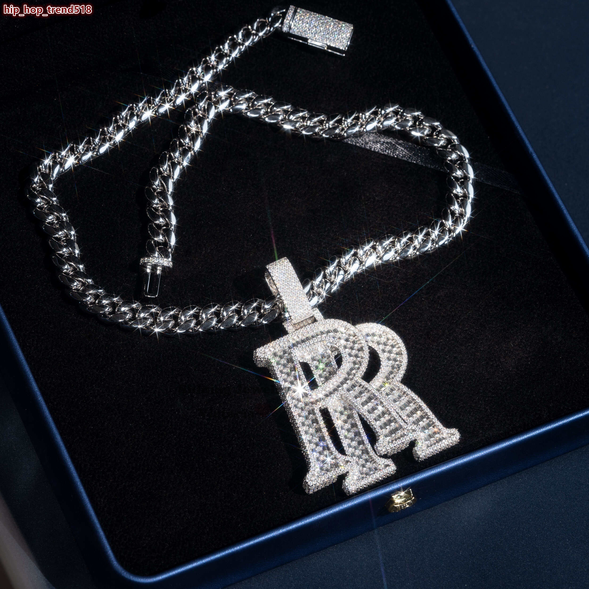 18K WhitePlating 25 Iced Out VVS Moissanite Hip Hop Rapper Jewelry Double R Initial Pendant With Cuban Chain - view 5
