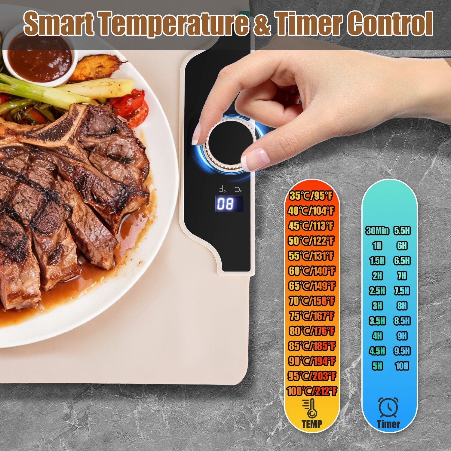 Food Warming Mat 236X158In 300W Fast Heating Electric Silicone Food Warmer 14 Temp Levels 10Hrs Timer Settings Roll-Up Portable Hot Plates Heat Pad Fo - view 5