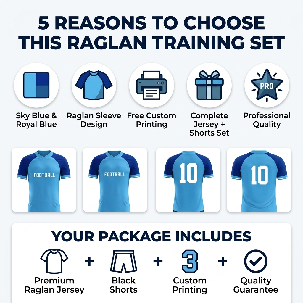 Custom Soccer Jersey Set Men Light Dark Blue Raglan Football Uniform with Shorts Personalized Name Number Breathable Quick Dry Kit - view 8