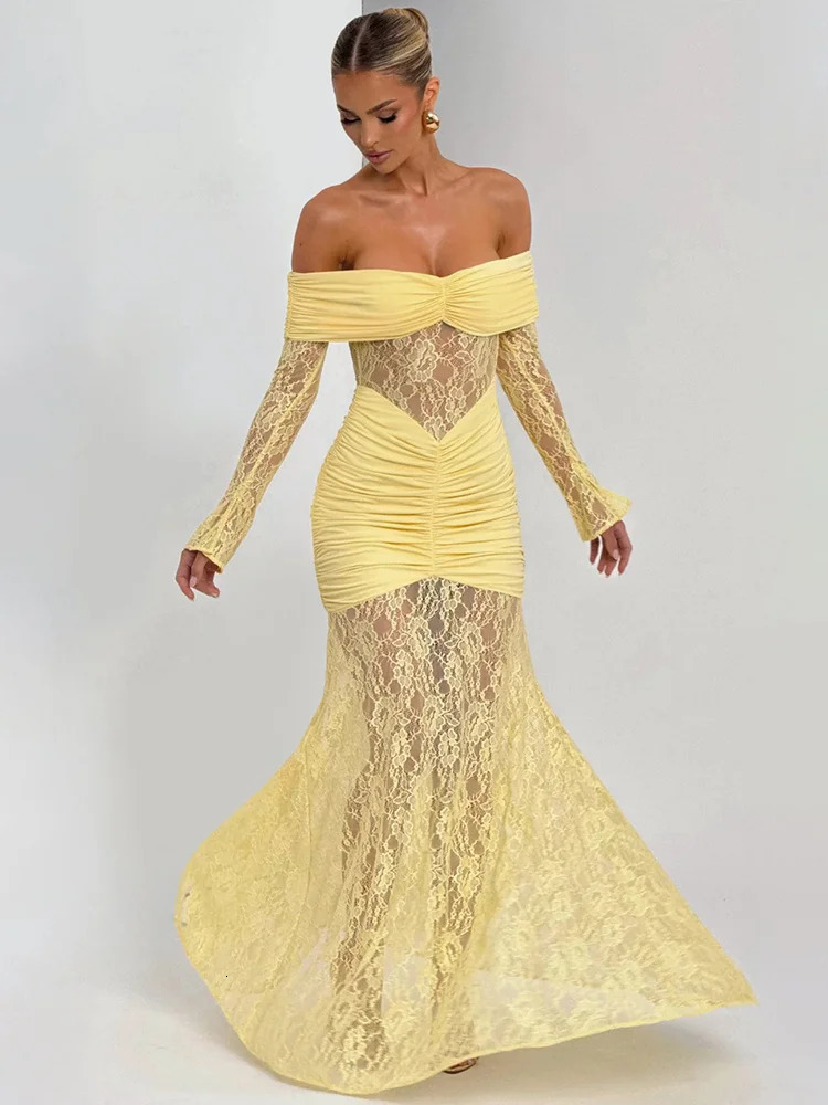 Mozision Off-shoulder Long Sleeve Sexy Maxi Dress Women Fashion Lace See Through Strapless Backless Bodycon Club Party Dresses 260511 - view 7