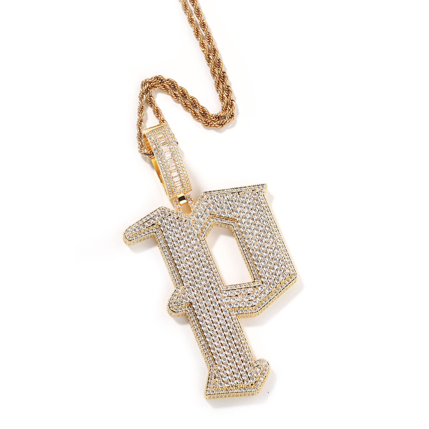 Hip Hop Big P Letter Pendant Necklace 5A Zircon 18K Real Gold Plated Rap Jewelry