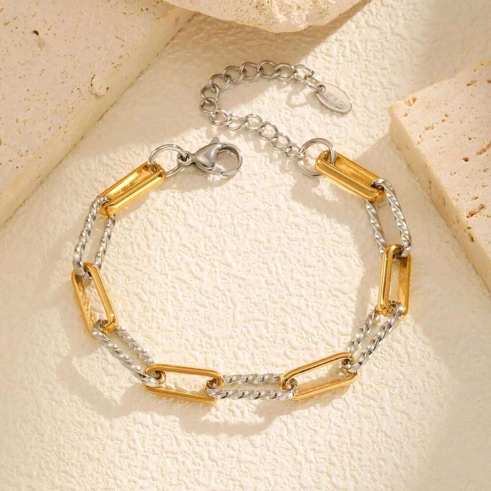 Two Tone Twist Link Paperclip for Women, Chunky Stainless Steel Bracelet Adjustable Link, 18k Gold Plated Jewelry J260511
