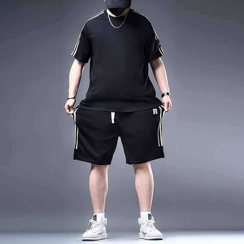 Summer Ice Silk Plus Size Short Sleeve T-Shirt Sports Set for Men, Five-Point Shorts for Big and Tall, Quick-Dry Two-Piece Set
