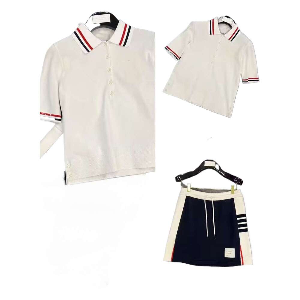 Two Piece Dress College-Style Color-Blocked Polo Collar Women's Summer New Short-Sleeve Knit Top And Four-Stripe Skirt Two-Piece Set Suit Knitted