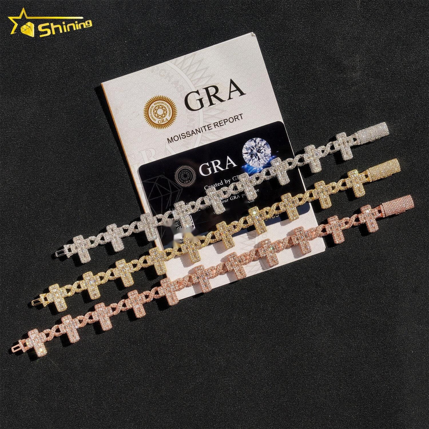 Top Sale Baguettes Moissanite Cross Infinity Cuban Link Chain Sterling Silver 925 Iced Out Jewelry Moissanite Diamonds Bracelet