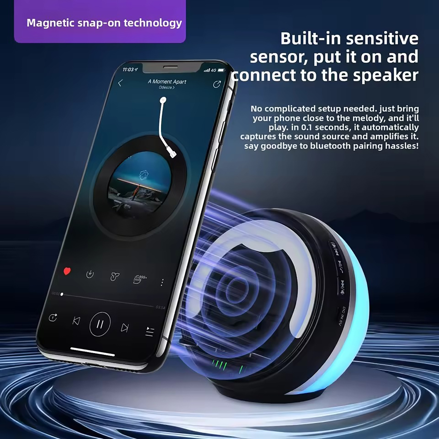 Sensor Speaker Phone Stand - Auto-Play on Contact, Wireless & Inductive Modes, RGB Light, TF Card, 360° Hi-Fi Sound, Foldable, 2000mAh