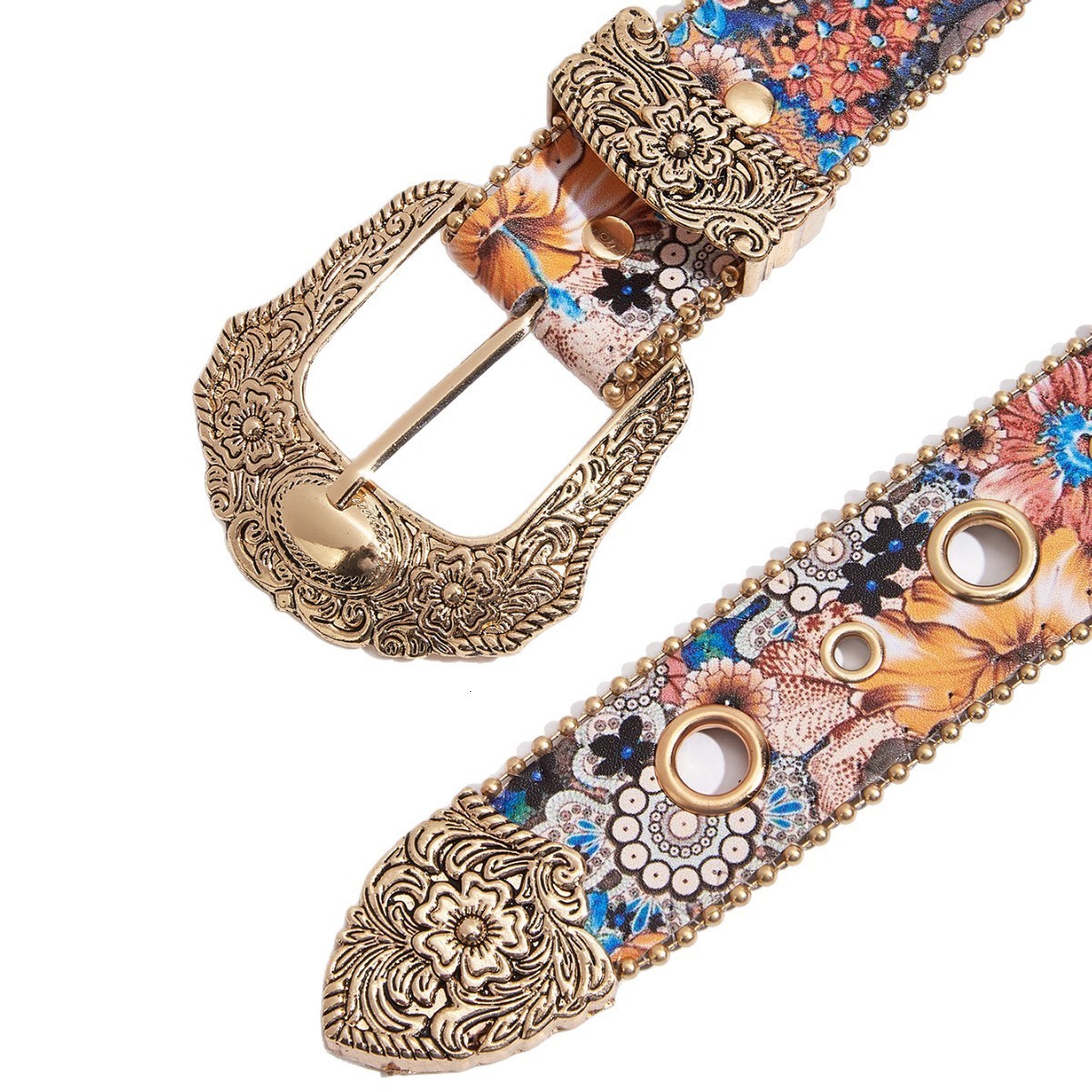 Womens Light and Elegant Carved Metal Buckle Multi-color Maple Leaf Glitter Print Beaded Edge Belt for Jeans 251113