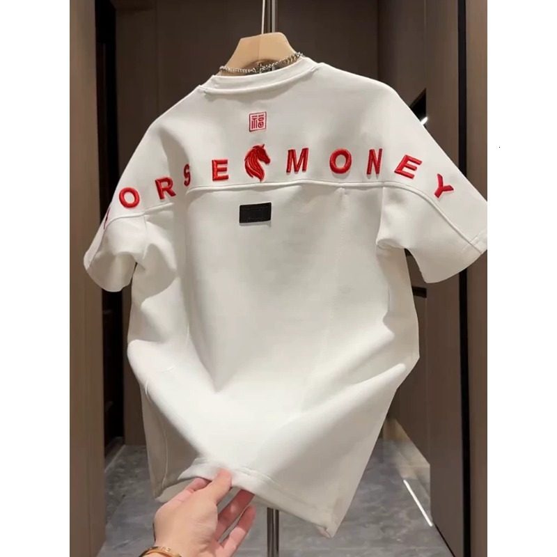 Heavy Industry Letter Embroidery Designer T-shirt Luxury Men's Clothing Solid Color Loose Business Cotton T-shirt Trendy Brand Sports Short Sleev