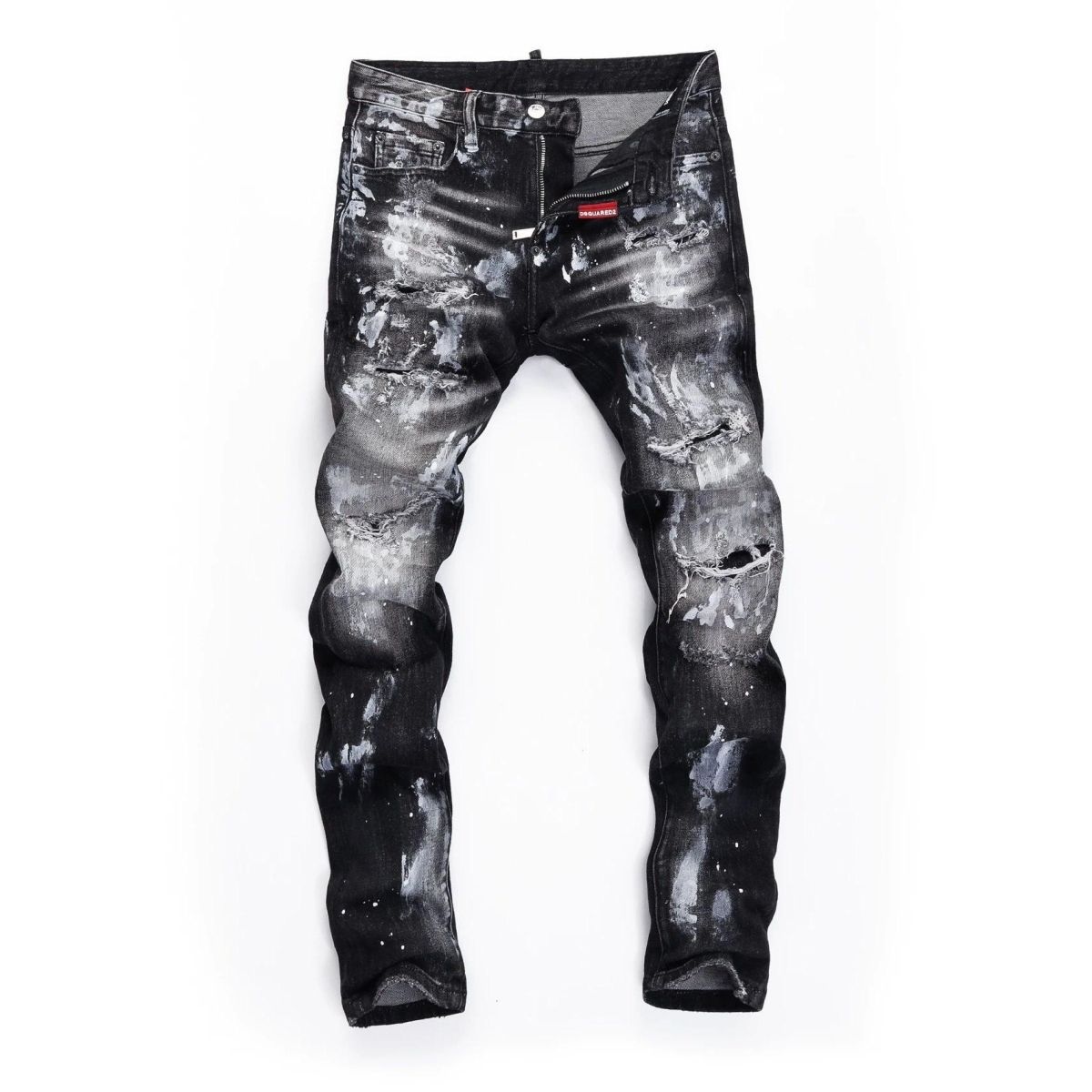 Jeans Men's black ink-blurry distressed patched slim-fit ankle-length fashionable style T260511