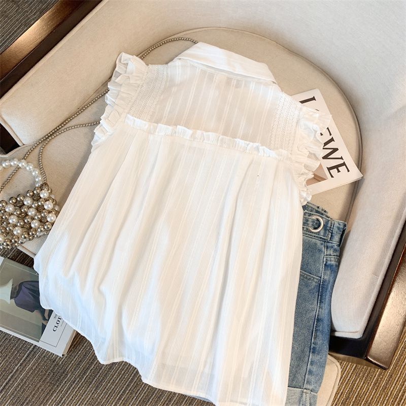 Designer 2026 White Shirt For Women French Style Gentle Luxury Turn-down Collar Sleeveless Ruffled Flutter Sleeve Babydoll Loose Belly-covering Chiffo