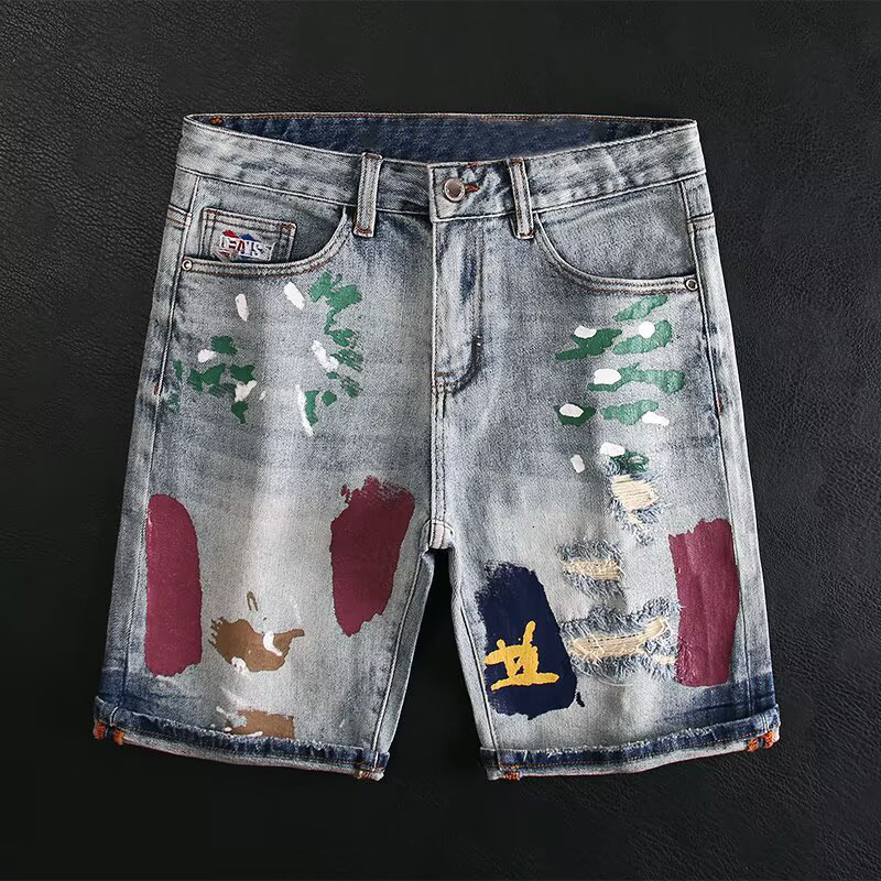 American Fashion Harajuku Graffiti Pattern Short Jeans Mens Loose Casual Summer Trousers Street Couple Jeans 250704