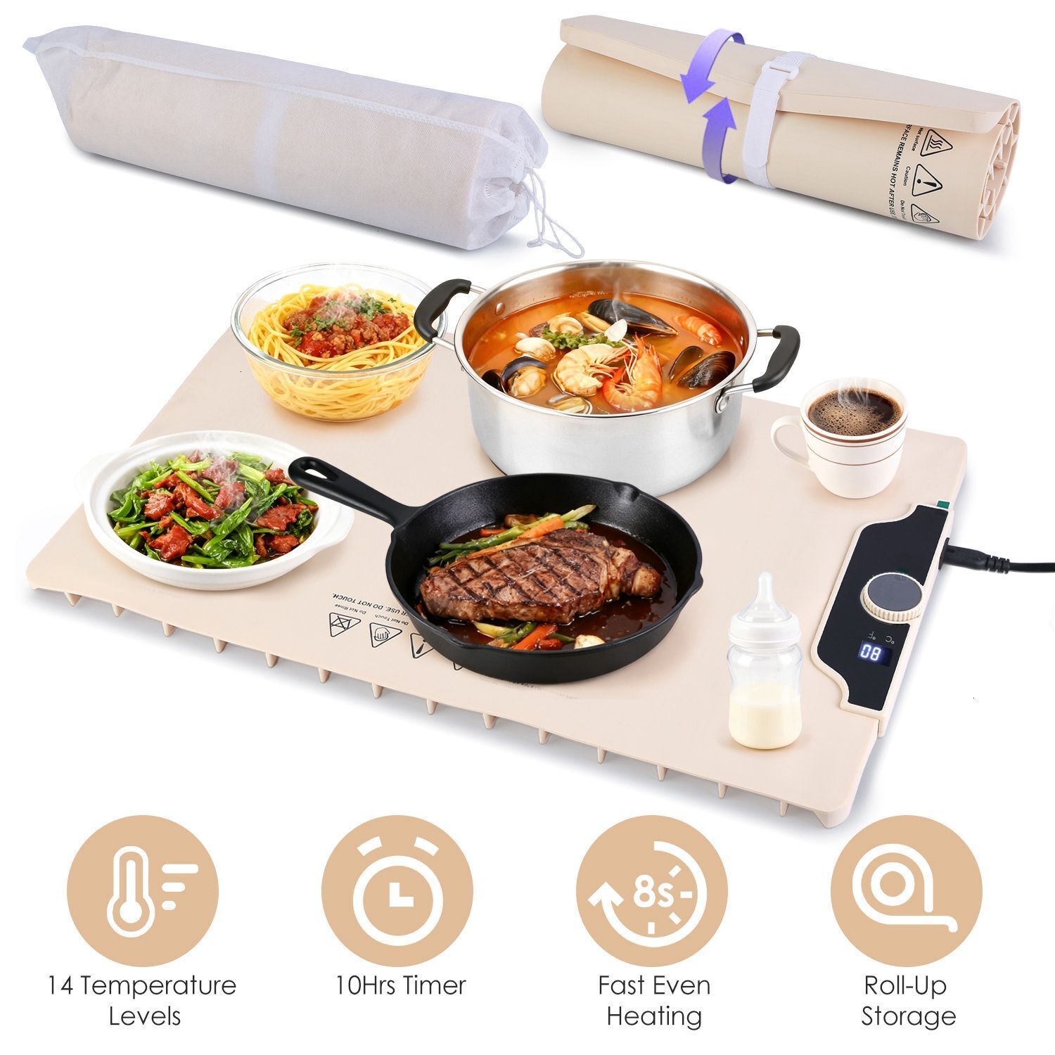 Food Warming Mat 236X158In 300W Fast Heating Electric Silicone Food Warmer 14 Temp Levels 10Hrs Timer Settings Roll-Up Portable Hot Plates Heat Pad Fo
