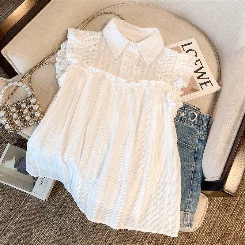 Designer 2026 White Shirt For Women French Style Gentle Luxury Turn-down Collar Sleeveless Ruffled Flutter Sleeve Babydoll Loose Belly-covering Chiffo
