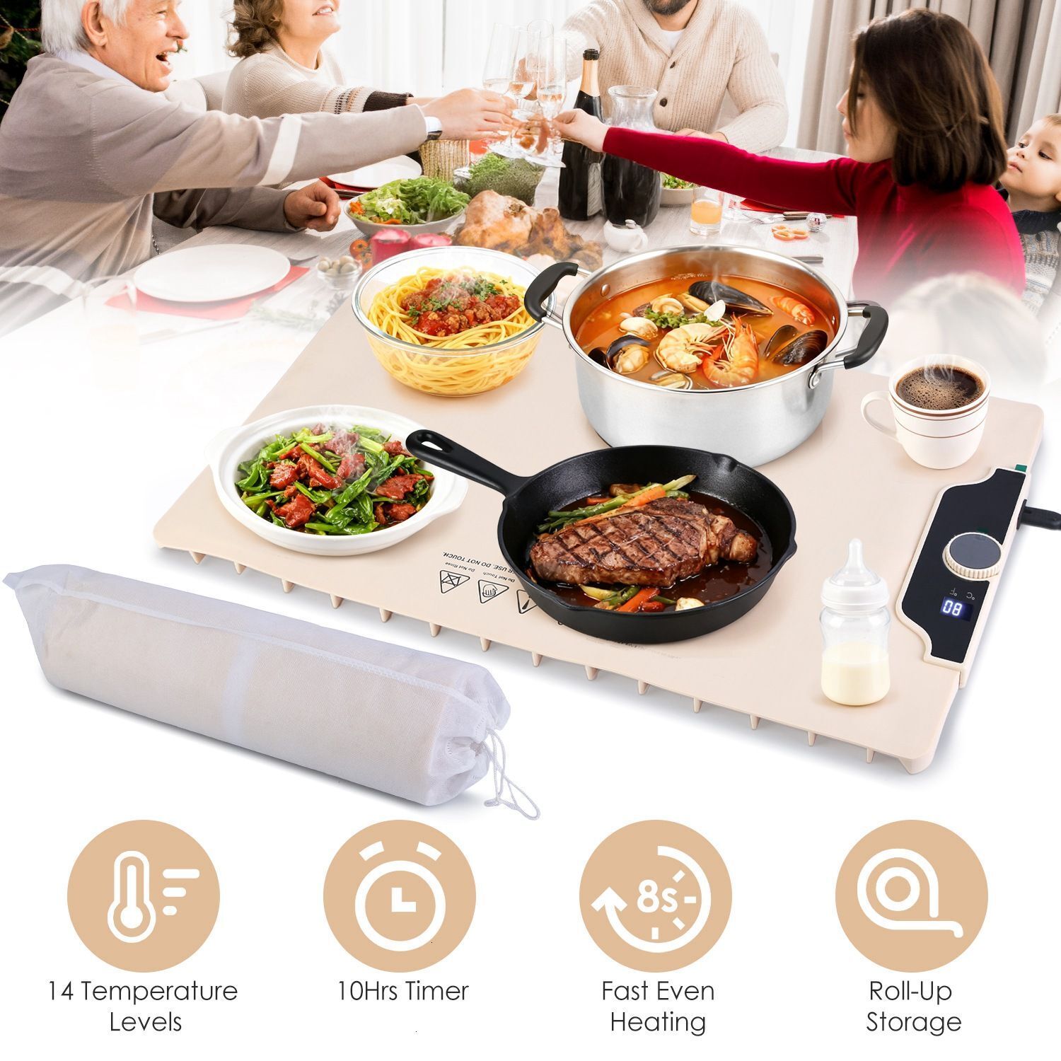 Food Warming Mat 236X158In 300W Fast Heating Electric Silicone Food Warmer 14 Temp Levels 10Hrs Timer Settings Roll-Up Portable Hot Plates Heat Pad Fo - view 3