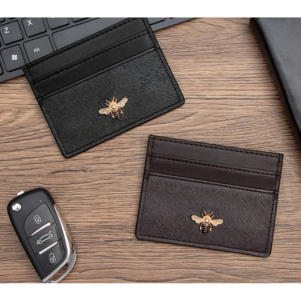 Black Brown Leather Card Holder Large Capacity All Match With Bee Shaped Metal Decoration Slim Design
