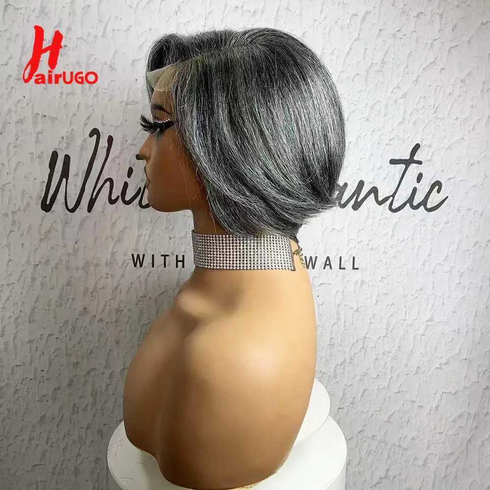 Gray Color 4x4 Lace Closure Human Hair Wigs For Women Mix Silver Lace Closure Wigs Pre Plucked 8 Inches Short BOB Wigs HairUGo X260511