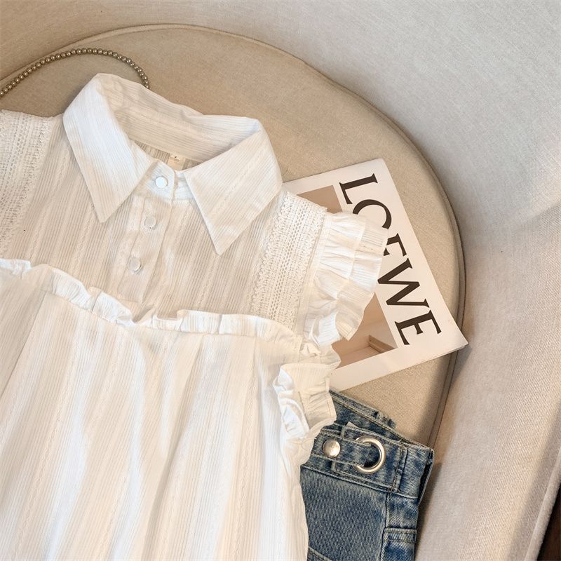 Designer 2026 White Shirt For Women French Style Gentle Luxury Turn-down Collar Sleeveless Ruffled Flutter Sleeve Babydoll Loose Belly-covering Chiffo