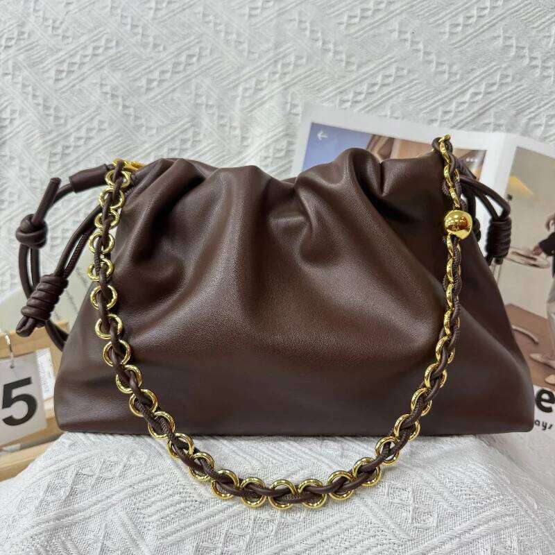 Luxury Leather Ruched Cloud Women Drawstring Design Soft Shoulder Bag With Gold Chain Strap Casual Commute Crossbody Handbag