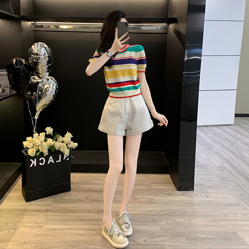 Casual womens fashion two-piece set for summer slimming high-waisted age-reducing loose-fitting striped short-sleeved elegant for petite figures 25082