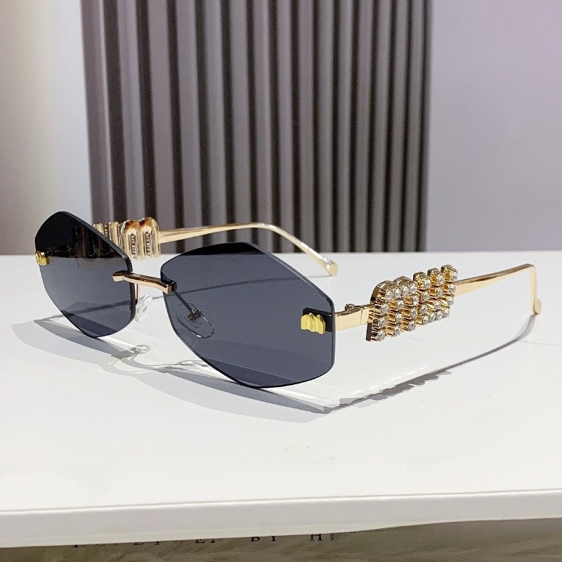 Rhinestone Rimless Sunglasses for Women Retro Rhombus Small Frame Anti Blue Light UV Protection Metal Sun Glasses