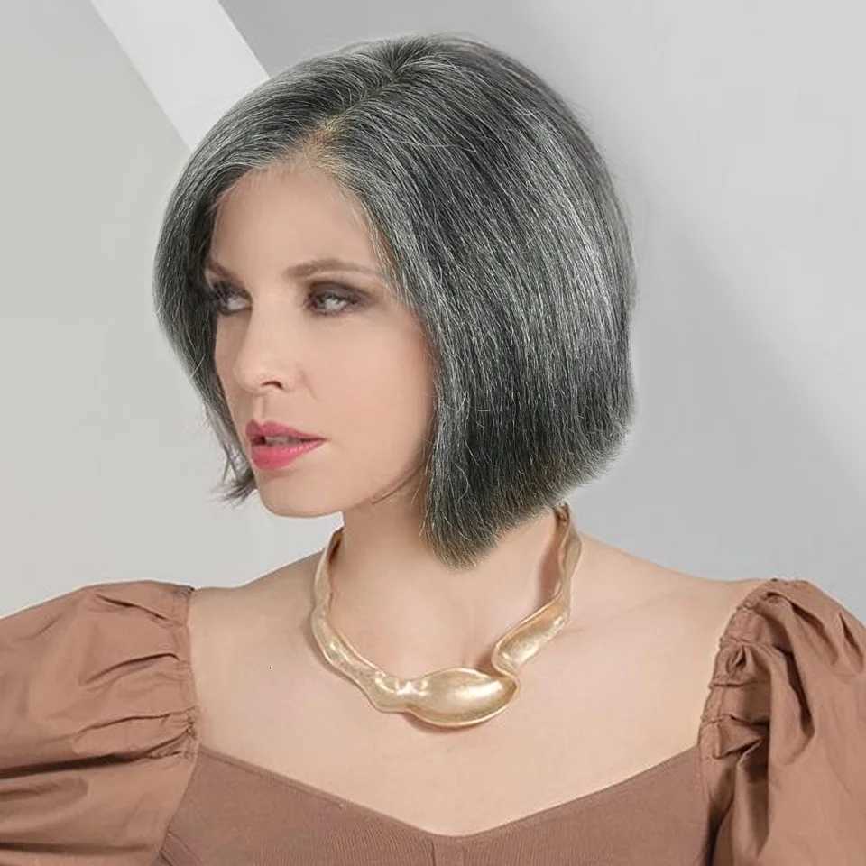 Gray Color 4x4 Lace Closure Human Hair Wigs For Women Mix Silver Lace Closure Wigs Pre Plucked 8 Inches Short BOB Wigs HairUGo X260511