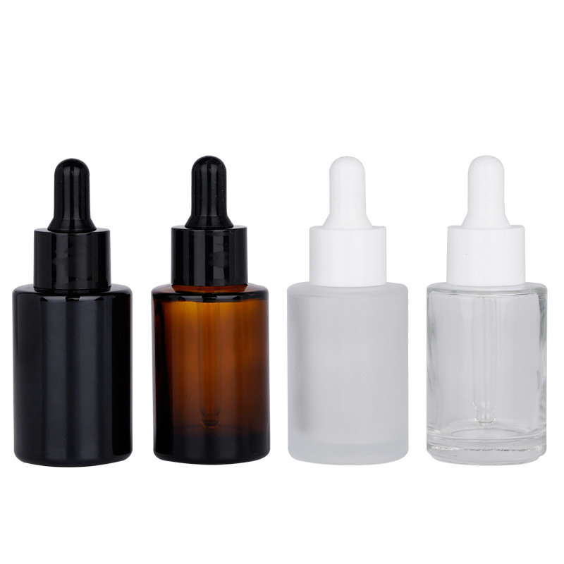 30ML Glass Bottle Flat Shoulder Frosted/Transparent/Amber Round Essential Oil Serum Bottles With Glasses Dropper Cosmetic Travel Bottlees