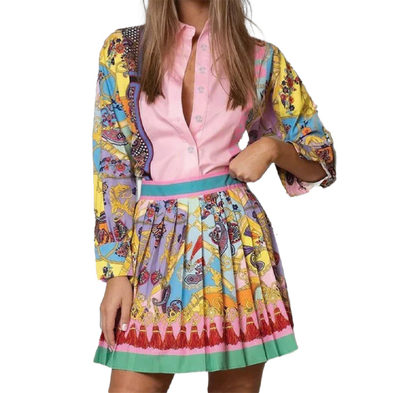 2026 Womens Clothing Spring New Style Printed Long-Sleeve Shirt and Pleated Skirt Two-Piece Set 240712