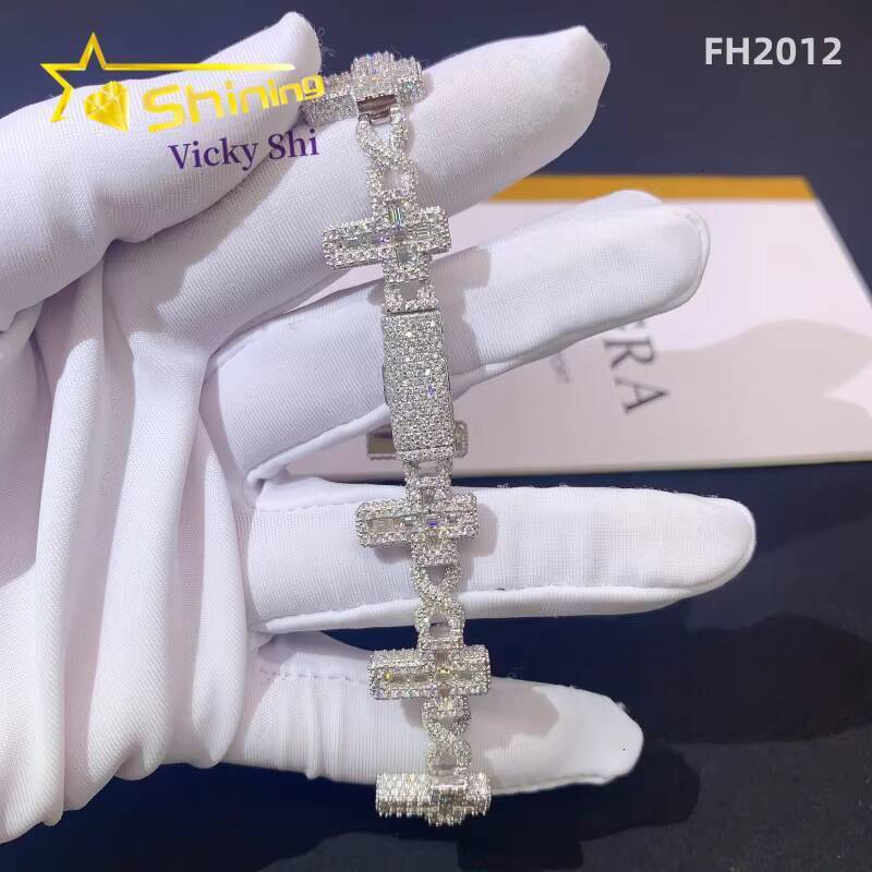 Top Sale Baguettes Moissanite Cross Infinity Cuban Link Chain Sterling Silver 925 Iced Out Jewelry Moissanite Diamonds Bracelet