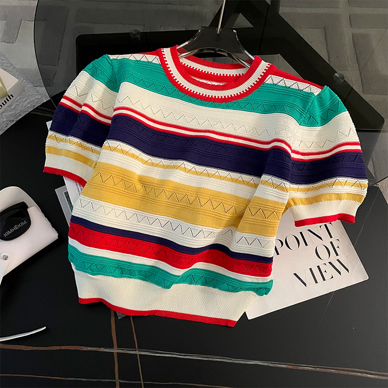 Casual womens fashion two-piece set for summer slimming high-waisted age-reducing loose-fitting striped short-sleeved elegant for petite figures 25082