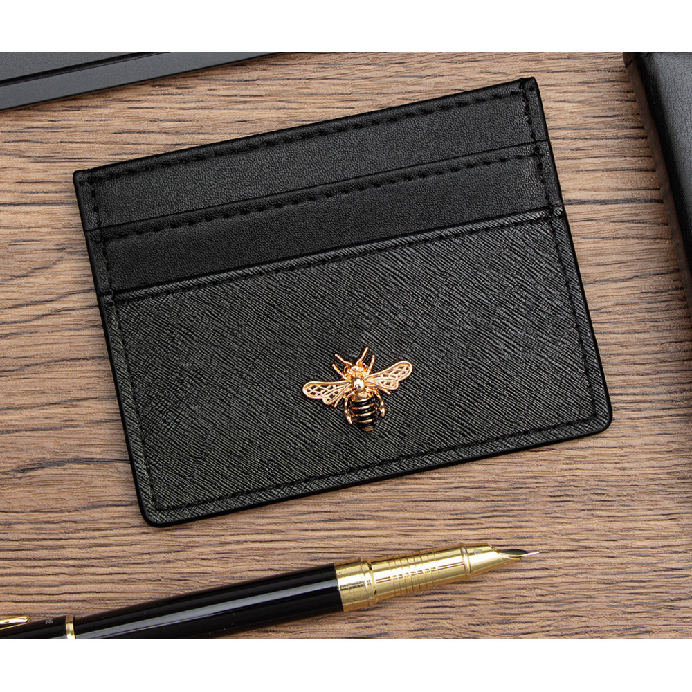 Black Brown Leather Card Holder Large Capacity All Match With Bee Shaped Metal Decoration Slim Design - view 4