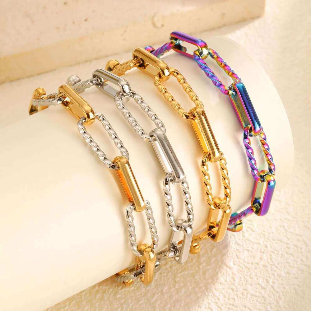 Two Tone Twist Link Paperclip for Women, Chunky Stainless Steel Bracelet Adjustable Link, 18k Gold Plated Jewelry J260511