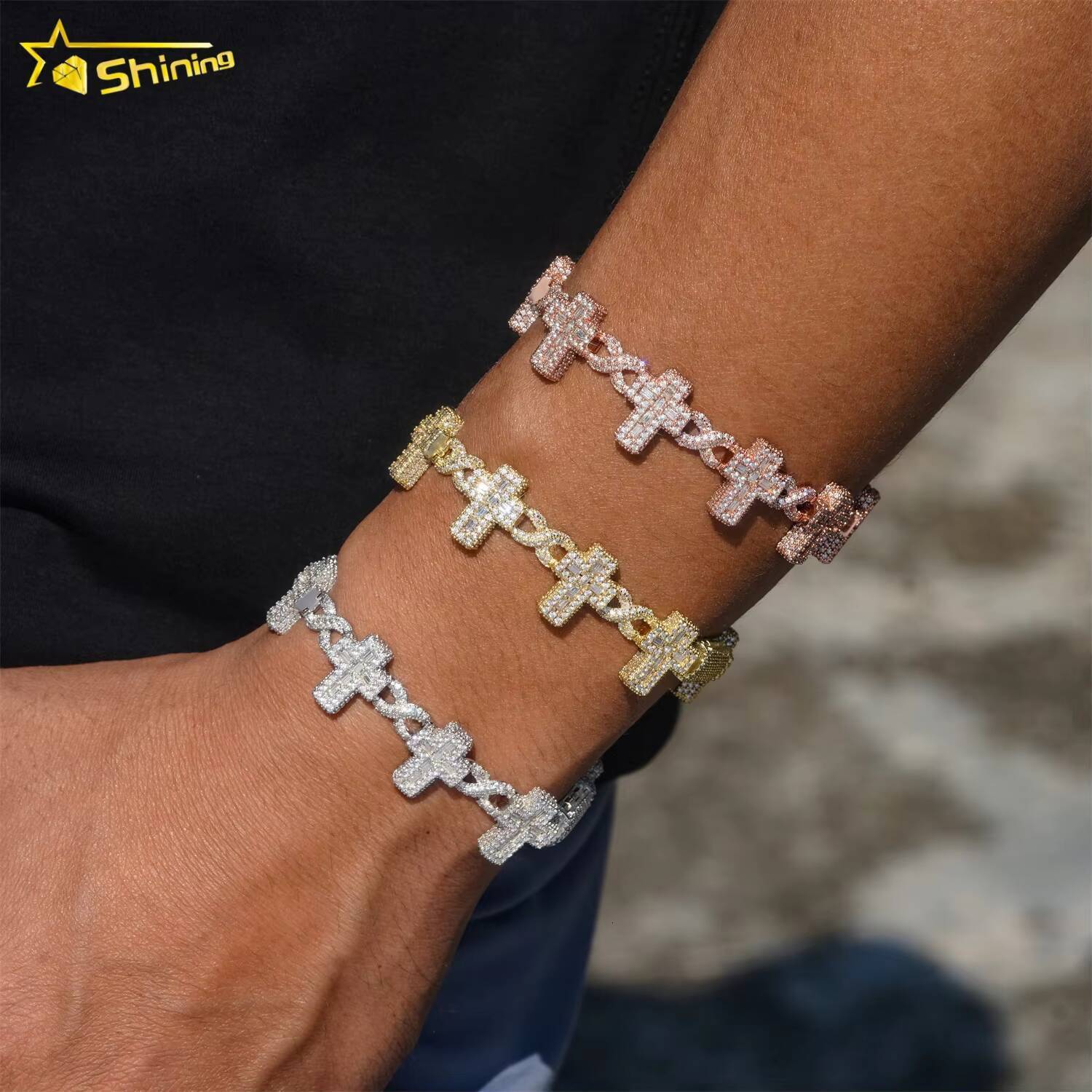Top Sale Baguettes Moissanite Cross Infinity Cuban Link Chain Sterling Silver 925 Iced Out Jewelry Moissanite Diamonds Bracelet