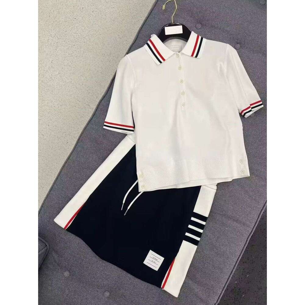Two Piece Dress College-Style Color-Blocked Polo Collar Women's Summer New Short-Sleeve Knit Top And Four-Stripe Skirt Two-Piece Set Suit Knitted