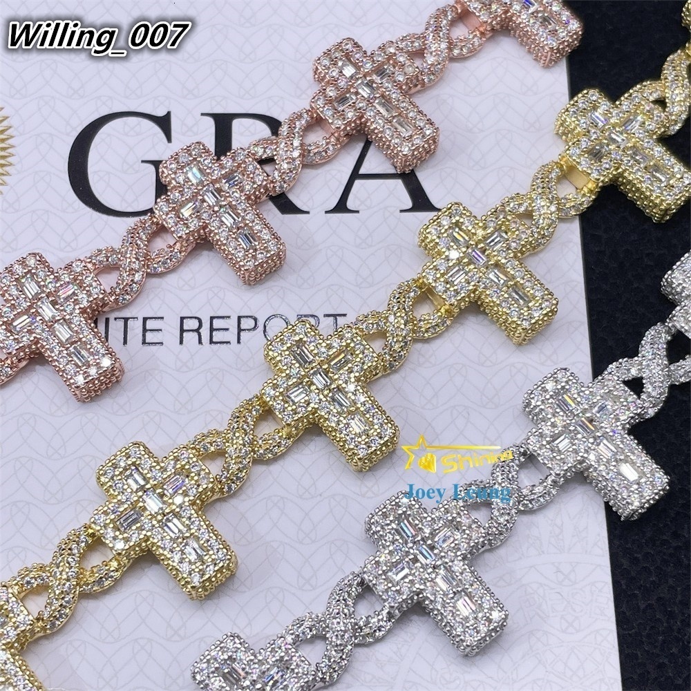 Top Sale Baguettes Moissanite Cross Infinity Cuban Link Chain Sterling Silver 925 Iced Out Jewelry Moissanite Diamonds Bracelet