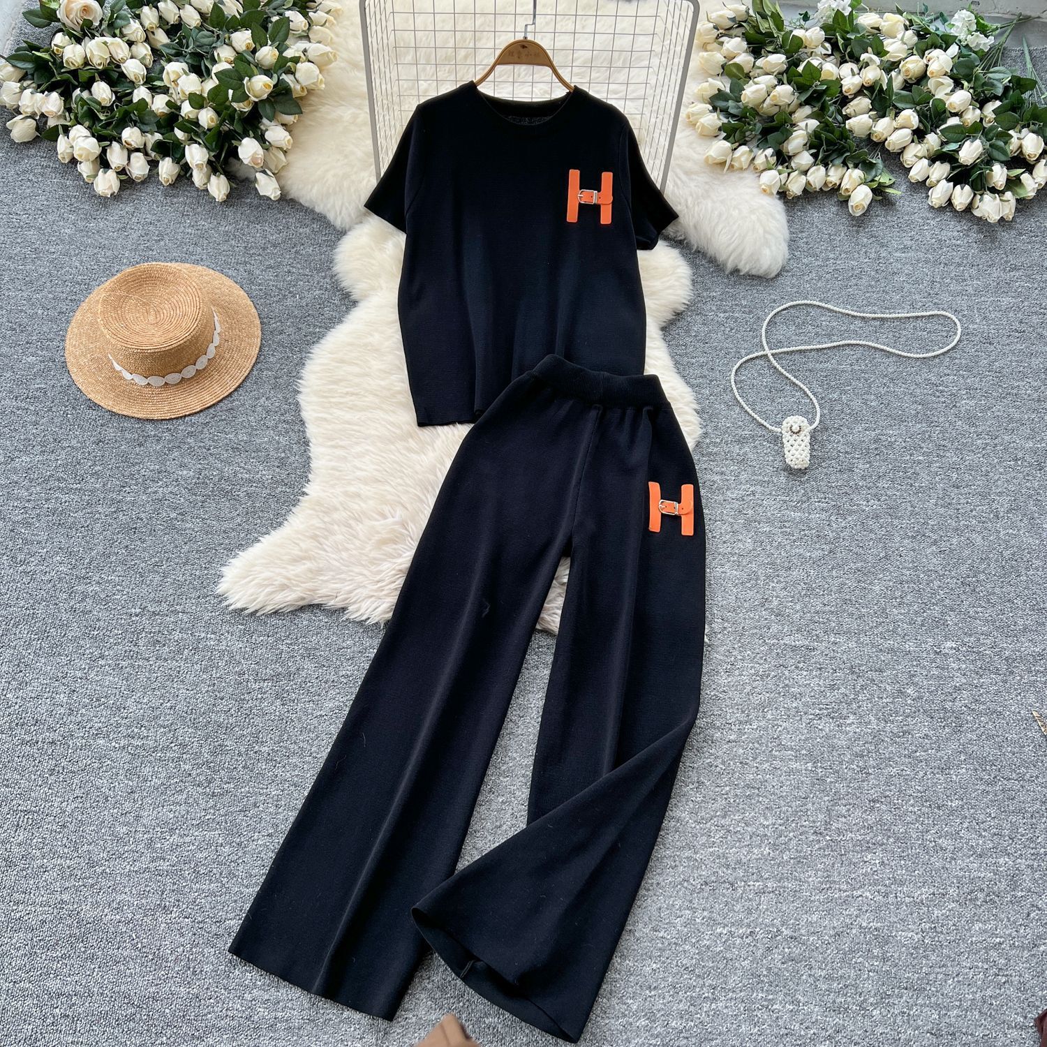 Designer Spring Summer New Short Sleeve Knitted Women Pullover Round Neck Top + Loose Wide Leg Pants Two Piece Set Trendy