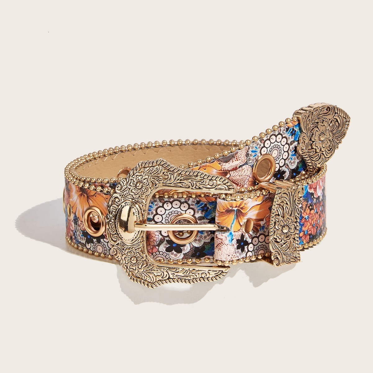 Womens Light and Elegant Carved Metal Buckle Multi-color Maple Leaf Glitter Print Beaded Edge Belt for Jeans 251113