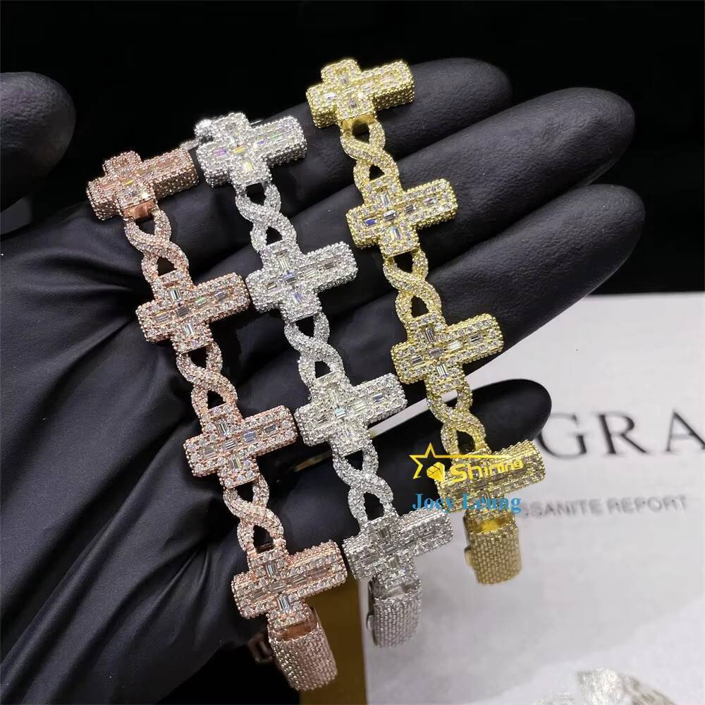Top Sale Baguettes Moissanite Cross Infinity Cuban Link Chain Sterling Silver 925 Iced Out Jewelry Moissanite Diamonds Bracelet