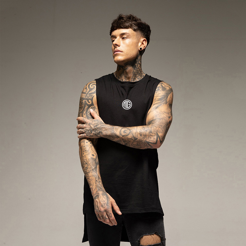 Summer Split Loose Fit Sports Fitness Tank Top Mens Extended Hip Hop Fashion Sleeveless Tshirt 260423