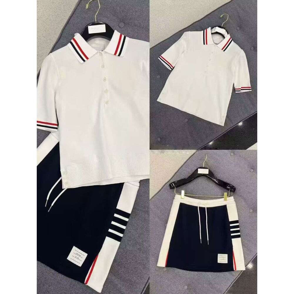 Two Piece Dress College-Style Color-Blocked Polo Collar Women's Summer New Short-Sleeve Knit Top And Four-Stripe Skirt Two-Piece Set Suit Knitted